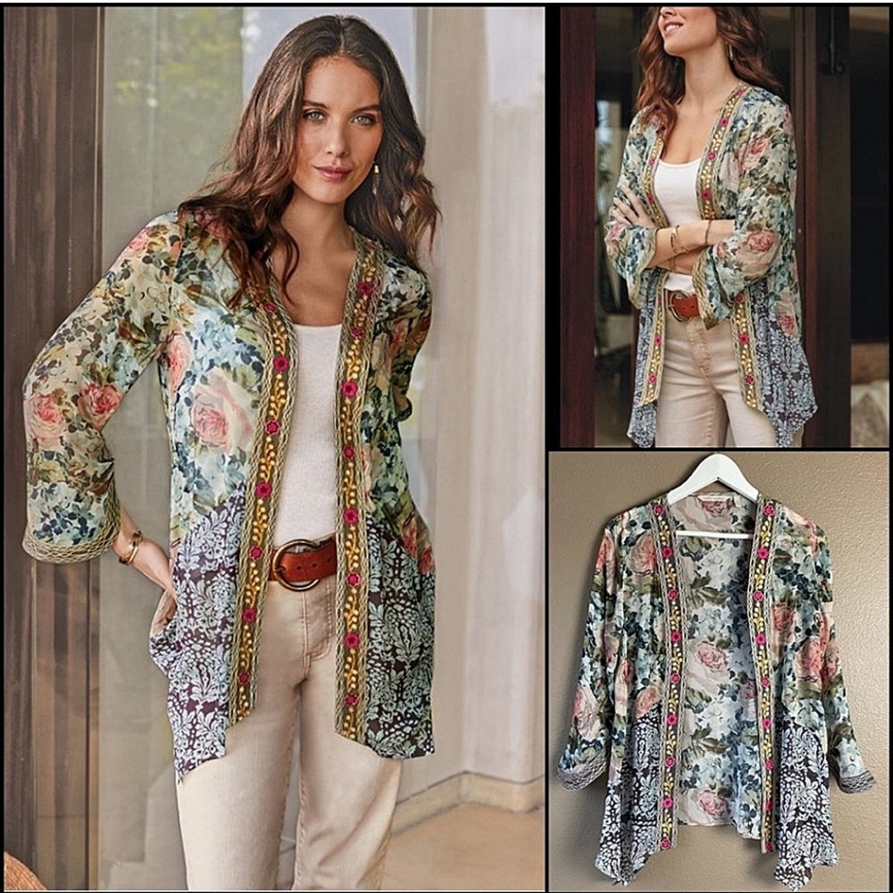 SoftSurroundings floral embroidered mixed media cardigan size L